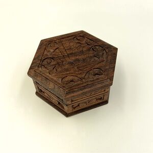 Vintage Carved Wood Trinket Box Hexagon Shape Peacock Bird Hinged Lid